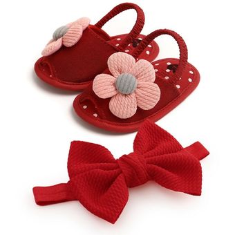 Sandalias de flores de verano para bebé conjunto de zapatos para niñas zapatos para bebés primeros caminantes diadema de algodón con lazo antideslizante 