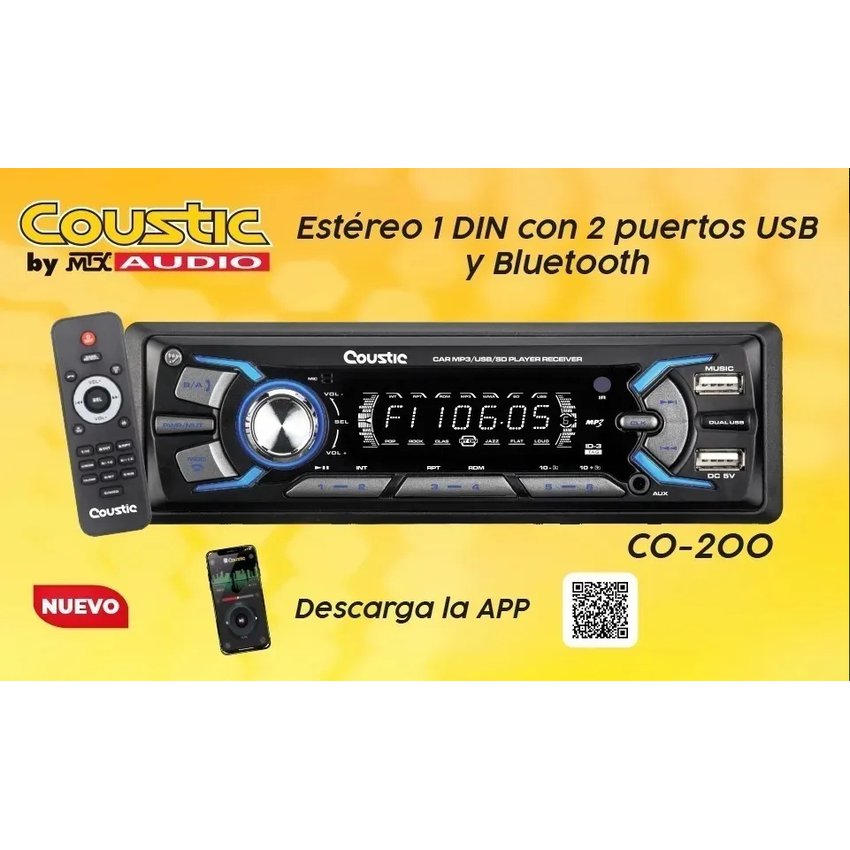Estéreo Bluetooth Aux Doble Usb Mp3 Control App 60x4 Co-200 Coustic