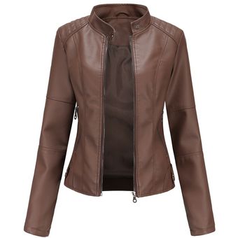 abrigos elegantes ajustados Chaqueta de cuero sintético para mujer 