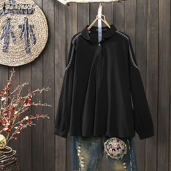 Negro Collar ZANZEA Mujeres camiseta de manga larga de lino de algodón de la blusa del botón del bordado top de la camisa Tamaño 