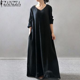 ZANZEA elegante de las mujeres vestido de señora con cuello en V manga larga de camisa vestir informal sólido suelto largo retro Vestidos (Negro) -Negro | Linio México -