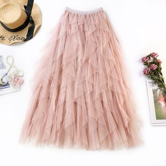 #Pink Falda tutú de tul a la moda,maxifalda larga para mujer,Primavera-Verano Falda plisada de cintura alta de estilo coreano negro y rosa para mujer 