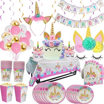 Conjunto de suministros de cumpleaños de unicornio arcoíris para niñ 