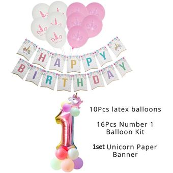 Columna de globos con forma de unicornio para niños cartel de feliz cumpleaños 