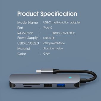 6 en 1 LED de tipo C Hub USB TF compatible con HDMI-3.0 Hub Otg 4K de 60 hz lector de tarjetas 