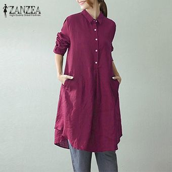 Rojo ZANZEA 2018 mujeres del resorte de la solapa de botones de manga larga Vestidos Retro Casual bolsillos holgados sólido Oficina de Trabajo vestido más el tamaño M-5XL 