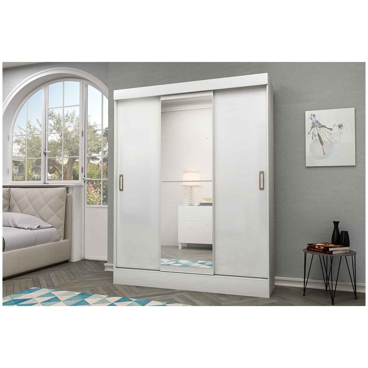 Ropero Closet Moderno con Espejo 3 Puertas  2 Cajones Internos Rieles Metalicos Color Blanco 3537-1 