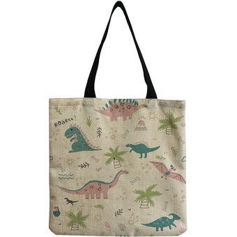 Bolso de mano de lino con estampado de dinosaurio para mujer bolsa 