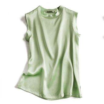camisetas sin mangas de seda para mujer camisetas de satén de seda Real sin mangas lisos chalecos elegantes de Green 