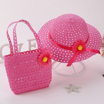 color rosa Conjunto de sombreros de playa para niños de 3 a 7 años sombrero ancho de paja amarilla de ala ancha bolsos de playa de viaje para vacaciones 