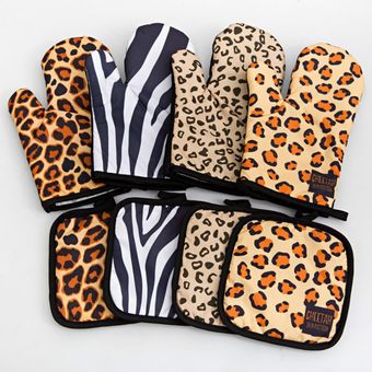 1 Set guantes de cocina aislamiento patrón de leopardo de cocina guantes para microondas para hornear horno de barbacoa delantal guantes tomaollas Pad 