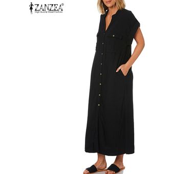 Negro ZANZEA vestido de las mujeres de manga corta holgada del cuello alto bolsillos Vestido de tirantes Casual Tamaño 