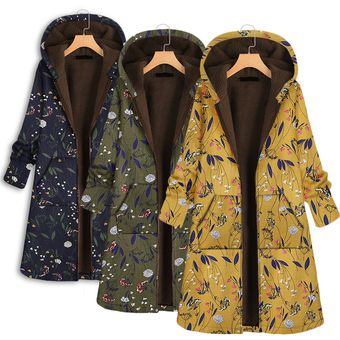 Larga abrigo para mujer invierno floral plus size chaqueta con capucha bolsillos boca ropa exterior 