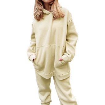 conjuntos de manga larga #StyleE beige de gran tamaño traje con capucha Chándal de lana informal de para mujer pantalones deportivos sólidos para primavera 
