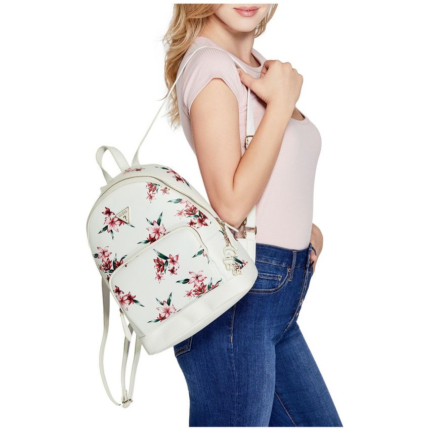 Mochila Guess Mujer Dulce Logo Backpack Blanco Con Flores