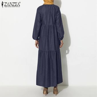 Manga ZANZEA Muslimah mujer musulmana larga túnica de tela de mezclilla vestido maxi sólido Abaya Kaftan Azul oscuro 