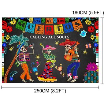 Multicolor 250 * 180cm Día de Muertos El telón de fondo Fotografía Cráneo mexicano del azúcar del fondo 7x5ft Vinilo Día de Vestir Los Muertos de fiesta Fiesta Banner Decoración 