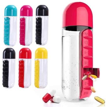 Botella de agua deportiva de 600 ml combinar cajas de píldoras diarias Organizador Botellas de beber 