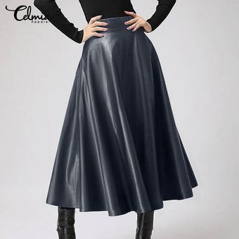 Celmia-faldas de cuero sintético para mujer faldas largas de cintur 
