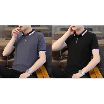 Camiseta de manga corta de algodón 2 en 1 para hombre Camiseta de polo de verano con solapa de negocios delgada de 2 piezas Gris Negro 