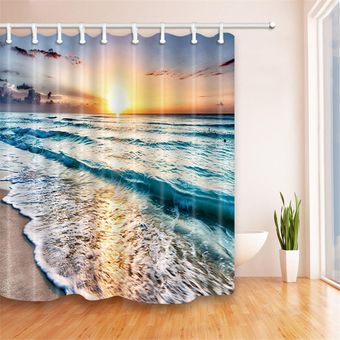 foto Juego de cortina de ducha de tela de baño de puesta de sol de playa costera náutica del océano con cortina de gancho 