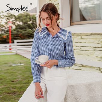 Simplee-Camisa a cuadros azules Vintage para mujer  Blusa de algodón.. 