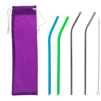 6-en-1 reutilizable 2Silicone Straw 1Bag-Multicolor 1Clean Brush 2Stainless acero Straw 