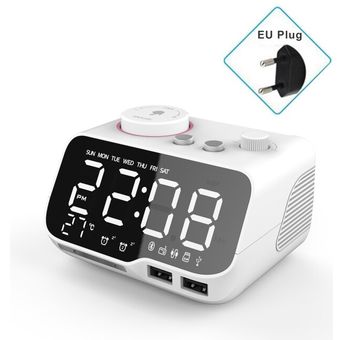 【Upgraded】Alarm Clock with USB Charger LED Digital Alarm Clock with FM Radio  Bluetooth Speaker  Temperature  Snooze #White-EU Plug 