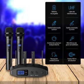 Sistema profesional de 2 micrófonos inalámbricos UHF, con batería recargable
