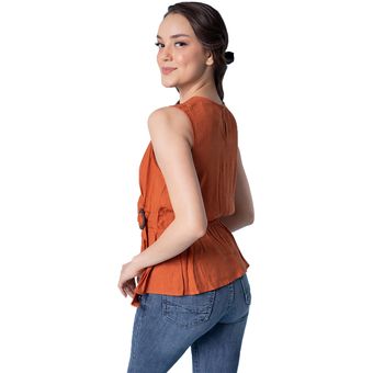 Blusa sin manga escote cruce enfrente con hebilla para mujer