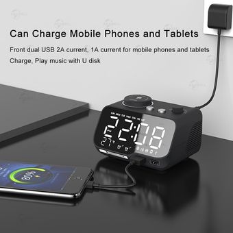 【Upgraded】Alarm Clock with USB Charger LED Digital Alarm Clock with FM Radio  Bluetooth Speaker  Temperature  Snooze #White-EU Plug 