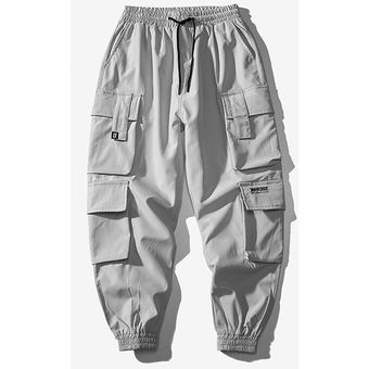 para hombre Pantalones Streetwear Joggers para hombre Hip Hop Negro Pantalones deportivos masculinos Fashions coreanas Harajuku Pockets pantalón 5XL #Grey White 