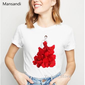 Ilustración de flores rojo falda con Rosa imprimir camiseta mujer ropa vogue camiseta mujer ha HON 