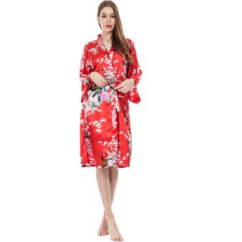 Ropa de dormir de la túnica de kimono de las mujeres con cinturón de cintura floral frontado camisón ropa de dormir 