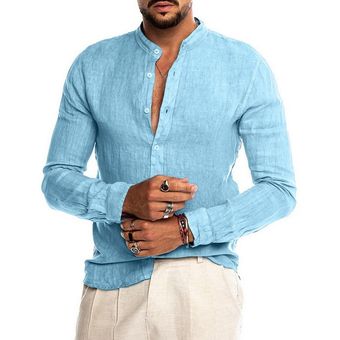 #C Blusa informal de algodón y lino para hombre,camisa holgada de m 