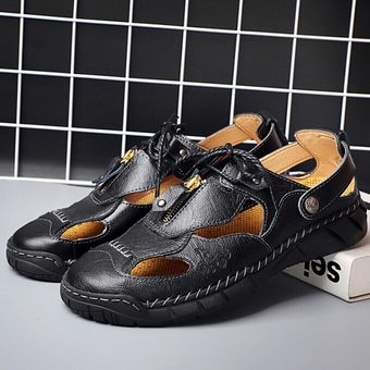 Hombres Talla grande 50 Zapatos casuales Oxford hechos a mano Sandalias al aire libre Calzado de senderismo Negro 