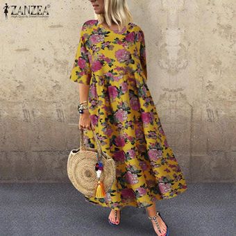 ZANZEA para mujer de la impresión floral de lino de algodón floja ocasional Kaftan holgada Maxi vestido más del tamaño Amarillo 