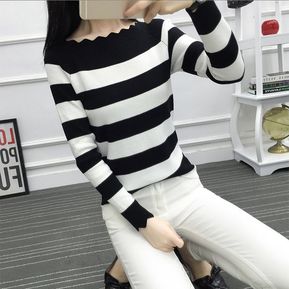 Long-sleeved Knitted Tops Women Undershirts Autumn&Winter Boat Neck Sweater Black