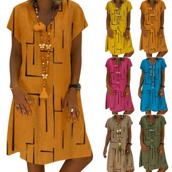 Vestido camisero de manga corta con estampado de túnica de verano casual para mujer Amarillo 