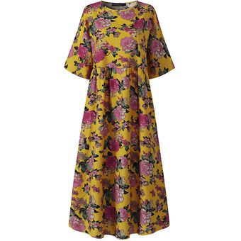 ZANZEA para mujer de la impresión floral de lino de algodón floja ocasional Kaftan holgada Maxi vestido más del tamaño Amarillo 