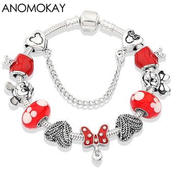Lindo Cristal Rosa Mickey Minnie Pulsera Plata Corazón Mujer 
