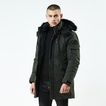 Parka larga para hombre de algodón grueso acolchado abajo cálido abrigo frío hombre diseñador China Rojo Negro otoño piel con capucha chaqueta de invierno para hombres   Army Green 