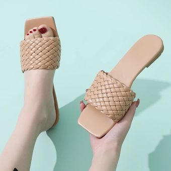 Zapatillas de temperamento trenzadas con punta abierta para mujer  Sandalias planas informales para playa y vacaciones #Khaki 