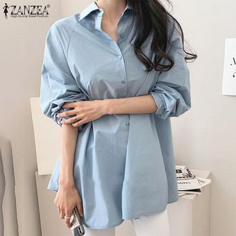 ZANZEA manga larga para mujer botón de collar floja ocasional holgada camisa sólida tapa de la túnica de la blusa - Azul claro | Linio - ZA402FA1FS7TWLCO