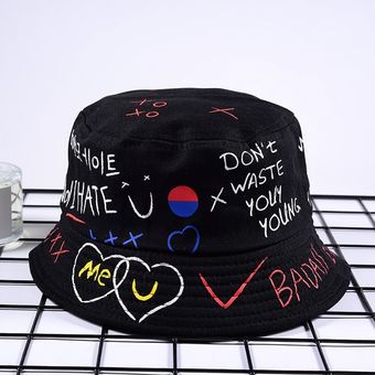 Sombrero de pescador Harajuku con letra de grafiti para hombre y mujer,gorra de pescad #N078-Black 