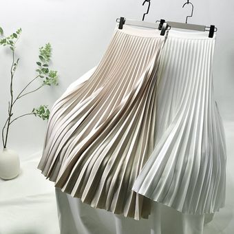 #White Elegante Falda plisada de sarga para mujer,con forro de gasa,cintura alta,cremallera lateral,faldas largas blancas,primavera SK521 