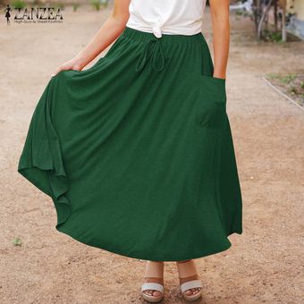 Verde ZANZEA faldas de las mujeres de gran tamaño holgado lazo de las señoras con cordones de las faldas de cintura elástico 