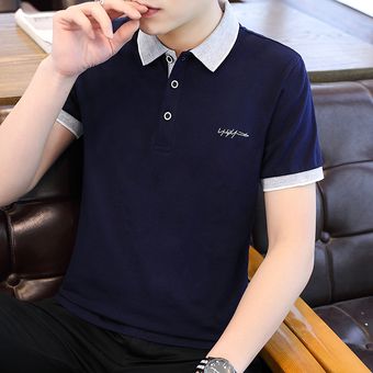 Talla grande M-4XL Camiseta de manga corta de algodón puro para hombre Camisas de polo de negocios delgadas para hombre Azul 