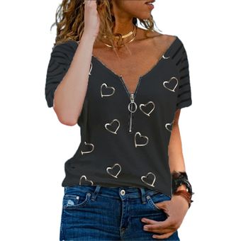 Cremallera de manga corta impresa con rayas para mujer camisa de suelta 
