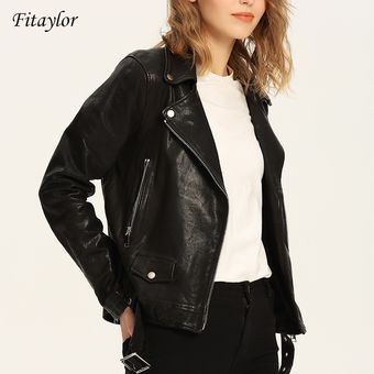 abrigo de manga lar Fitaylor-Chaqueta de cuero sintético para mujer 